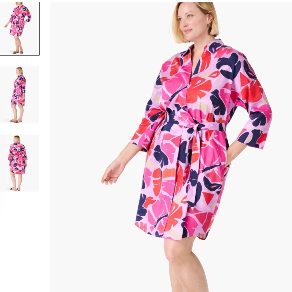 NWT Nic+Zoe Tropical Glow Dress Long Sleeve Pink Collared Dress Size 2X